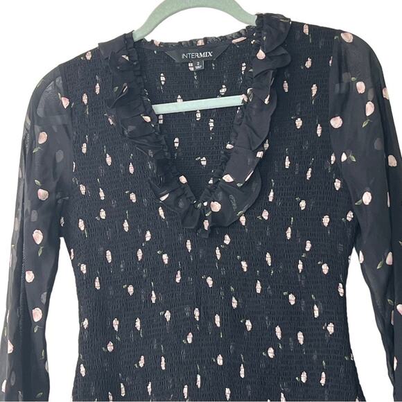Intermix Elara 100% Silk Black Floral Smocked Mini Dress Size 2 - Picture 5 of 16